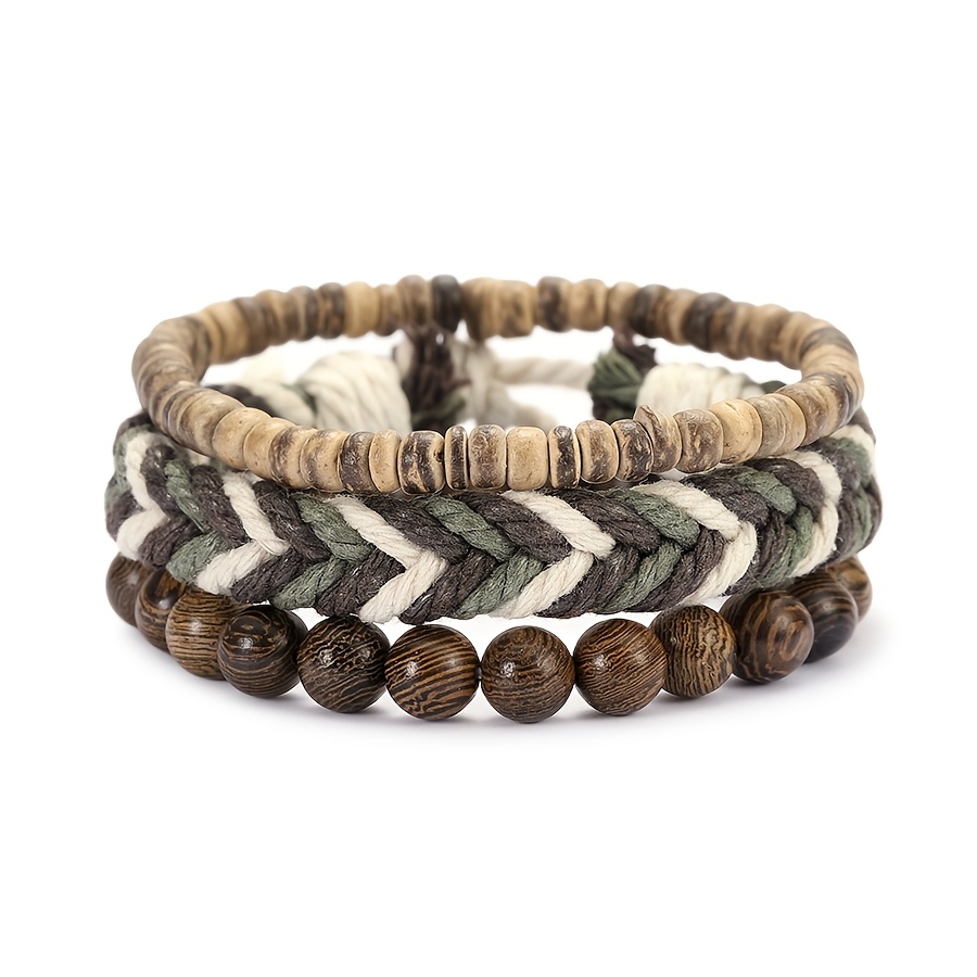 3pc Vintage Braided Rope Bracelet Set for Men, Black Wooden Beads